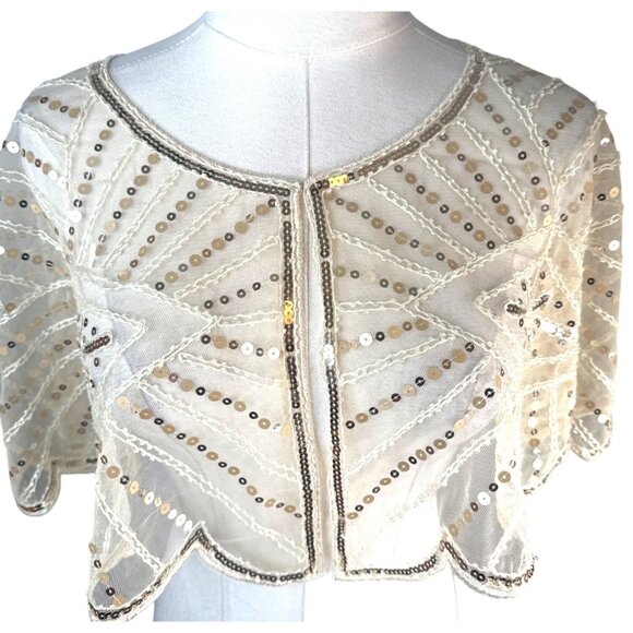 Beaded Sequins OS Capelet Scalloped Shawl Elegant Sheer Vintage Style Ivory - Picture 6 of 16